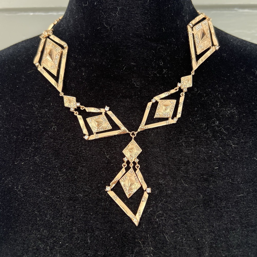 Art Deco Style Necklace Bracelet Set Gold Tone Costume Cocktail Evening